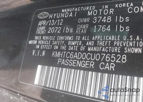 2012 Hyundai Veloster Base W/Black z USA, uszkodzony, nr VIN KMHTC6AD0CU076528